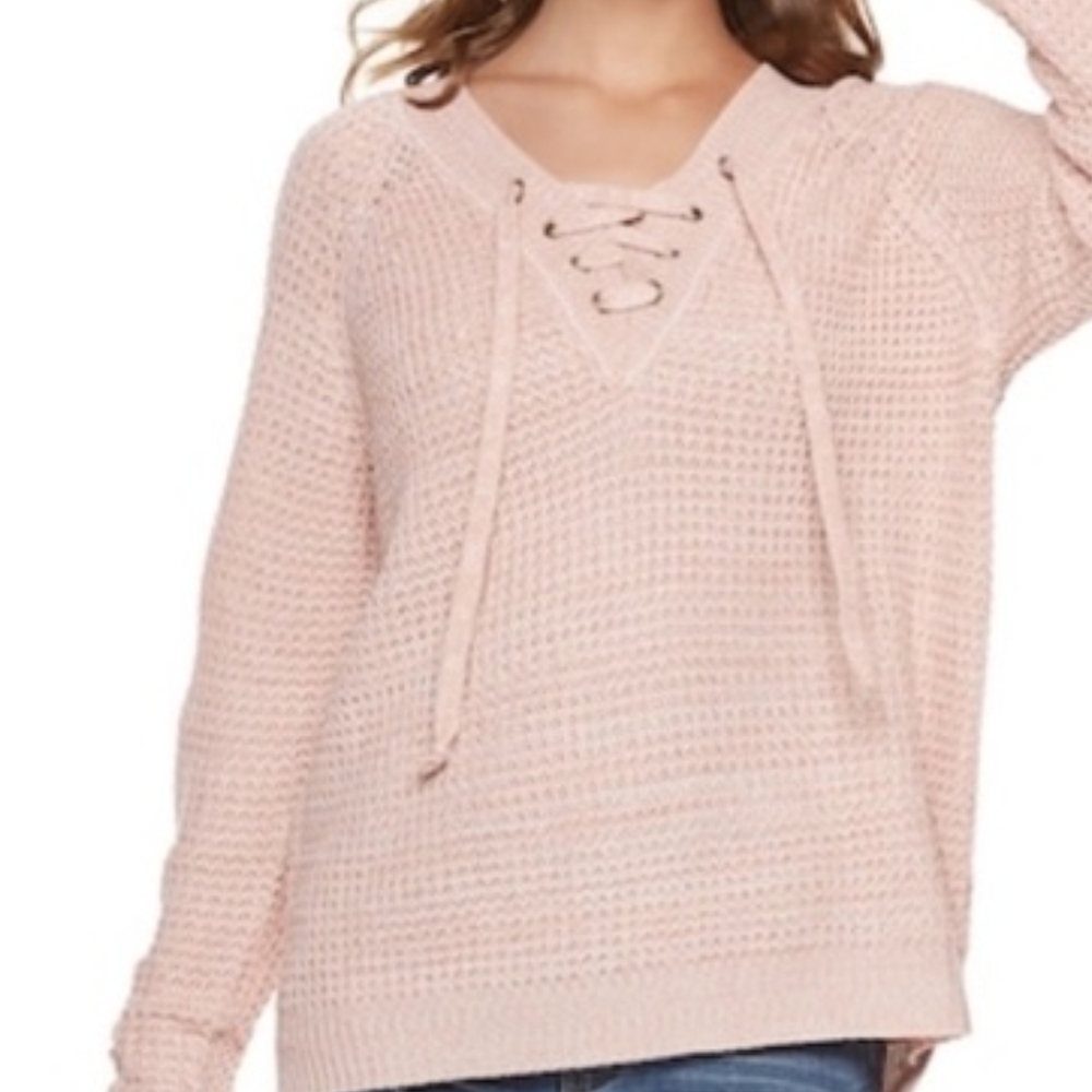 It's Our Time Pink Lace-Up V-Neck Sweater